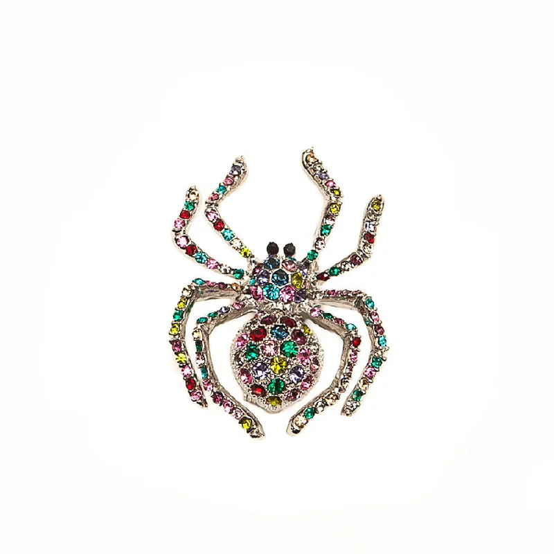 ladies yellow gold brooch beads -Sparkly Multi Coloured Crystals Spider Brooch