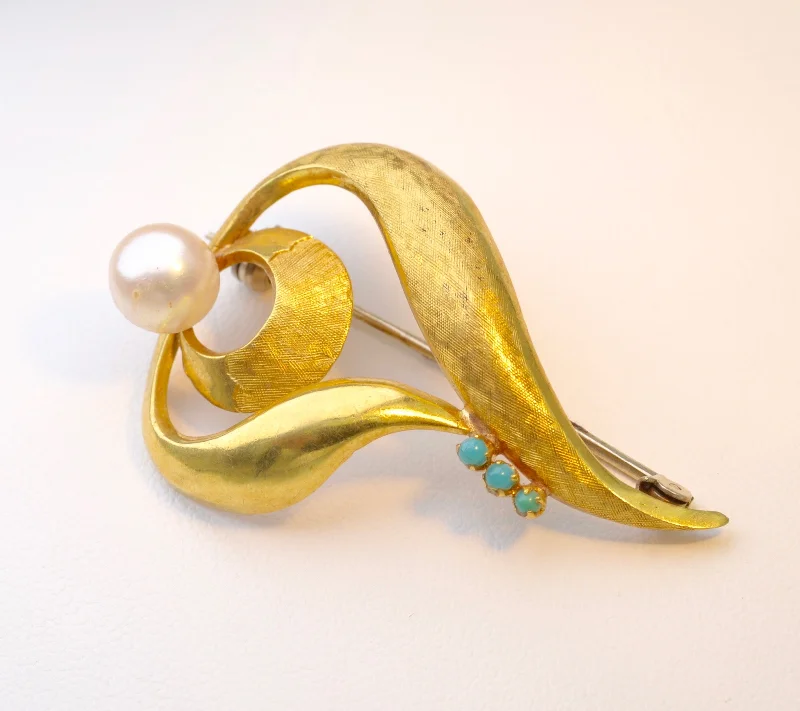 ladies silver brooch turquoise stones -18K yellow gold brooch with one Cultured Pearl and Turquoises