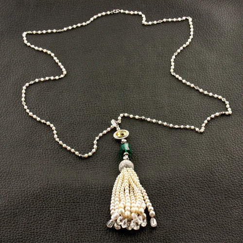 Ladies soothing amethyst necklaces -Diamond, Emerald & Pearl Tassel Necklace