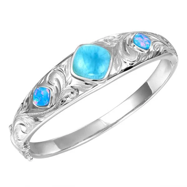 Ladies 22K gold luster bracelets -Larimar & Opal Engraved Scroll Bangle Bracelet by Alamea