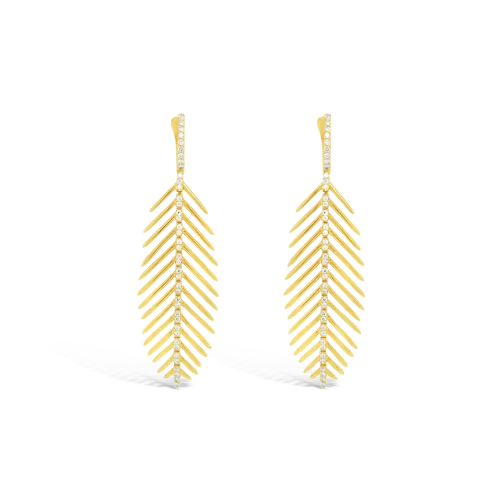 ladies gold earrings sun designs -Gold & Diamond Feather Earrings