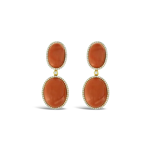 ladies earrings opal inlays -Coral & Diamond Dangle Earrings