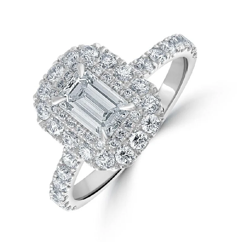 vintage gold tone rings for women -Platinum Emerald Cut Diamond Double Halo Cluster Ring with Diamond Shoulders