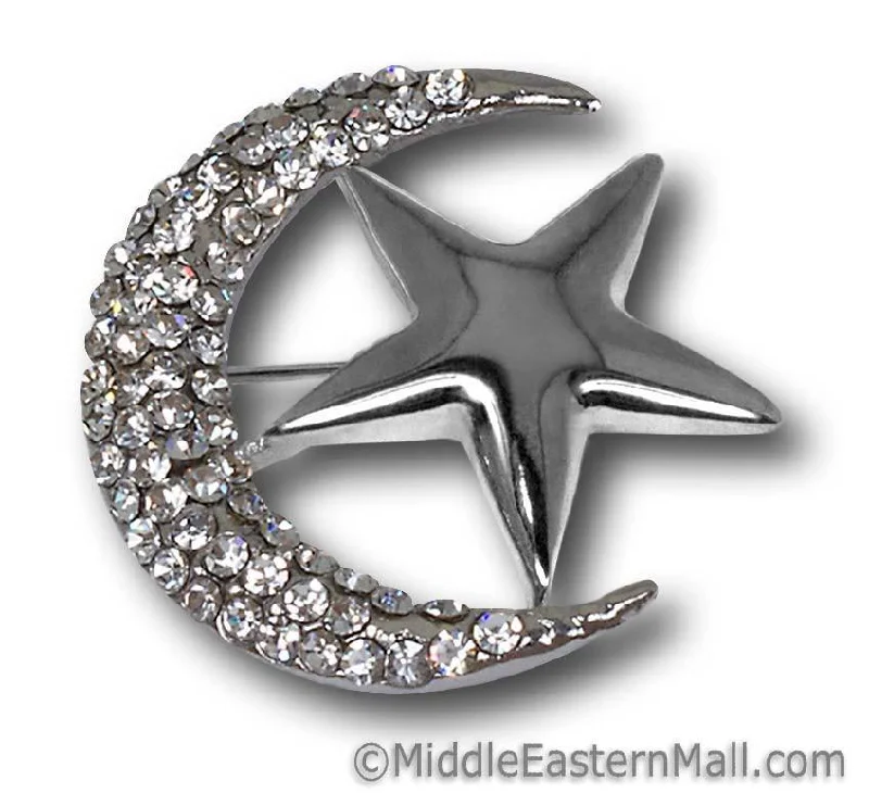 ladies brooch gemstone accents -wholesale one dozen Moon & Star Brooch in Silver