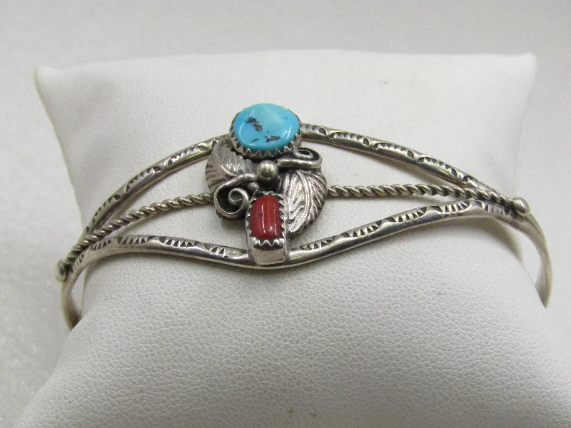 Ladies creative abstract bracelets -Vintage Sterling Silver Navajo Turquoise Coral Cuff Bracelet, Richard Begay, 7"