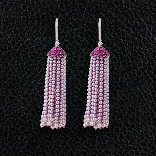 vintage earrings for women retro design -Pink Sapphire & Pink Pearl Tassel Earrings