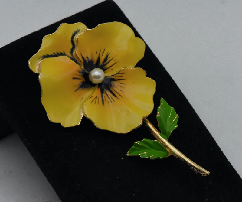 brooch for women with birthstones -Vintage Yellow Pansy Gold Tone Metal Enamel with Faux Pearl Brooch