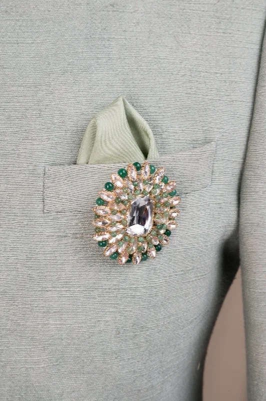 small gold brooch for women daily -Light Green Oval Shaped Crystal & Stone Brooch