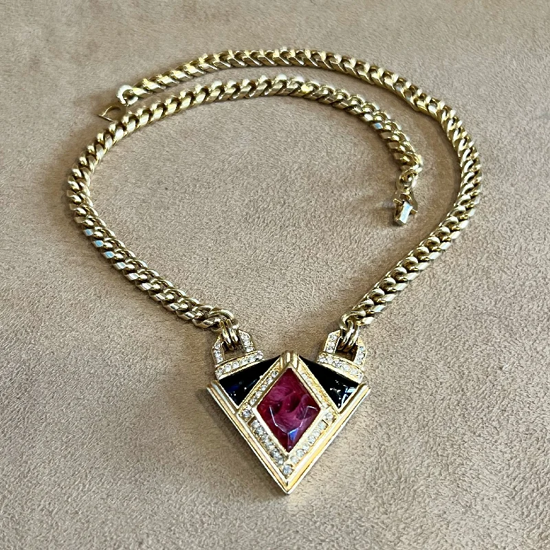 Ladies chunky shine necklaces -Christian Dior Vintage Black Enamel Red Crystal Gold Plated Pendant Necklace