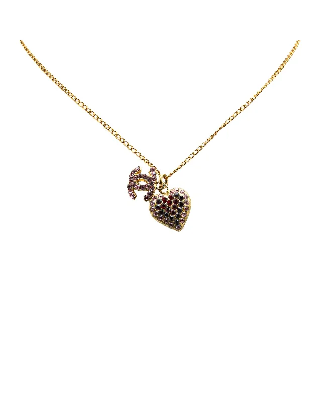 Ladies ruby red necklaces -Gold Plated Rhinestone Heart Pendant Necklace with CC Charm