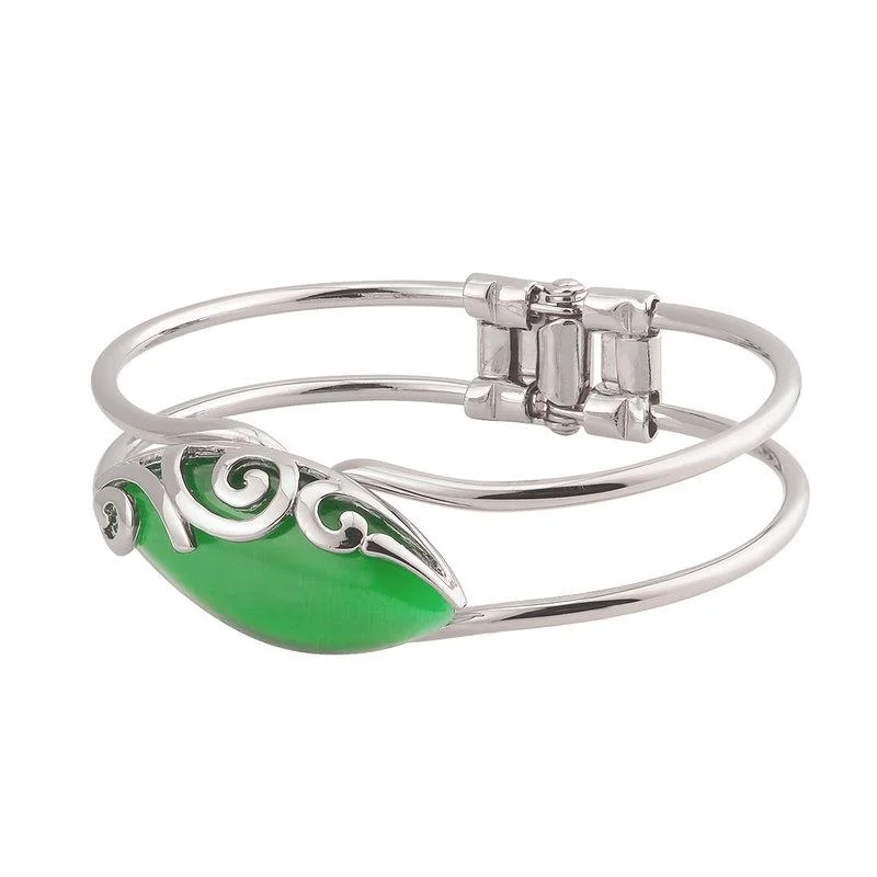 Ladies endless infinity bracelets -Solvar Rhodium Plated Green Cat Eye Celtic Bangle S5601G