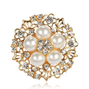 ladies gold brooch sun designs -Flower Pearl Rhinestone Brooch BR-080