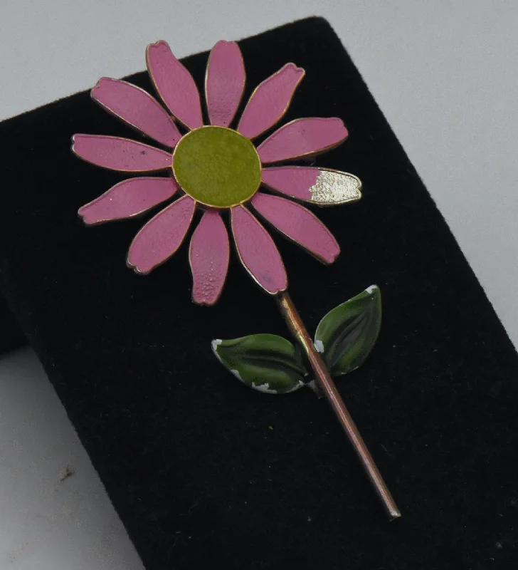 affordable enamel brooch for women -Vintage Metal Pink Flower Brooch - DAMAGED