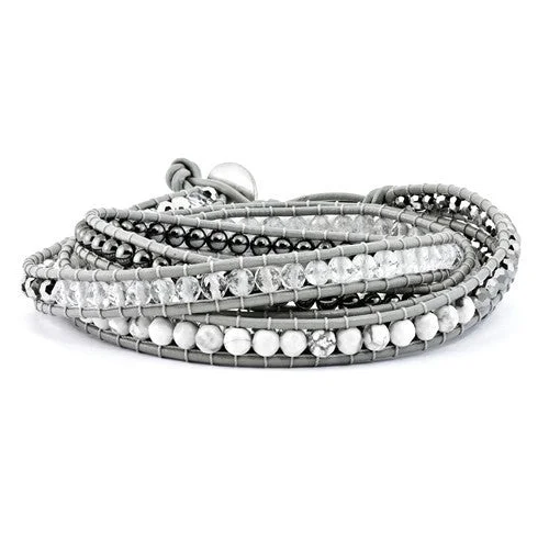 Ladies cozy fall bracelets -Crystal, Hematite & White Howlite Bead Leather Multi-Wrap Bead Bracelet