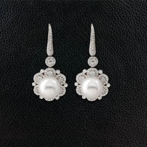 wave texture earrings for women -Pearl & Diamond Dangle Earrings