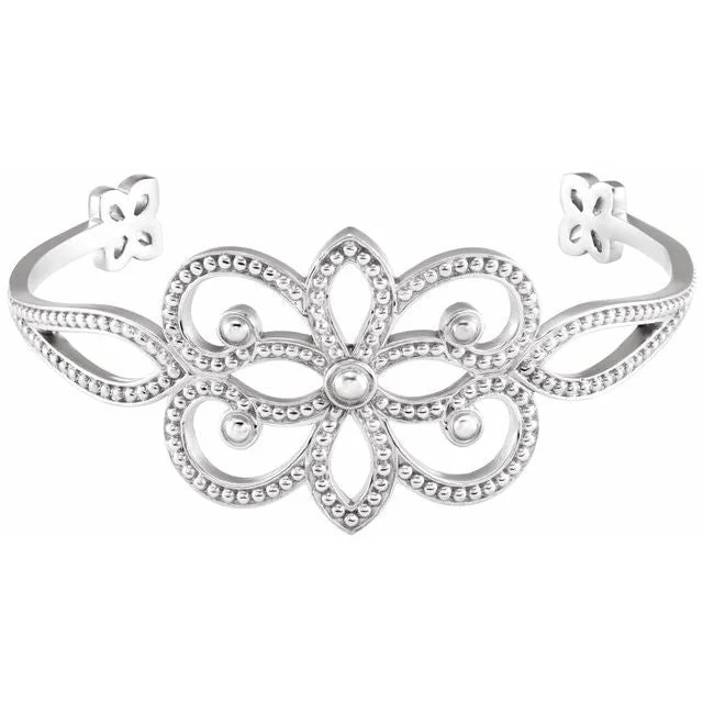 Ladies rich platinum bracelets -Sterling Silver Granulated Floral Bangle Bracelet