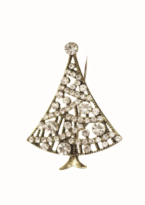 oxidized gold brooch for women -Hot Tomato Christmas Tree Brooch - Antique Gold / Clear Crystals