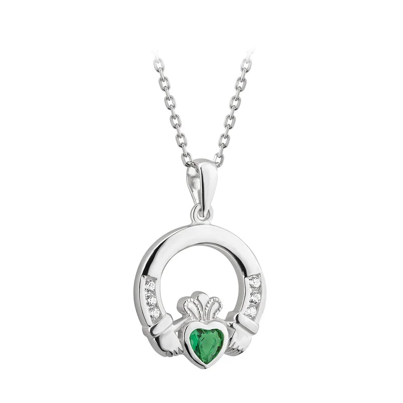 Ladies stylish choker necklaces -Sterling Silver Claddagh Emerald CZ Necklace