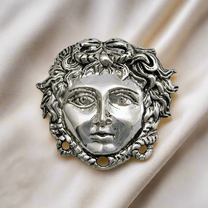 ladies gold brooch bird motifs -Face Mask of Medusa Brooch in Sterling Silver (K-85)