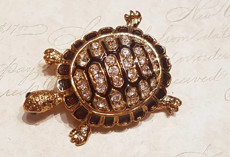 ladies rose gold brooch round stones -Turtle Brooch Gold Brown Enamel Glass Stones by Sardi