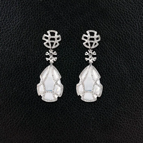 ladies silver earrings larimar stones -Moon Quartz & Diamond Dangle Earrings