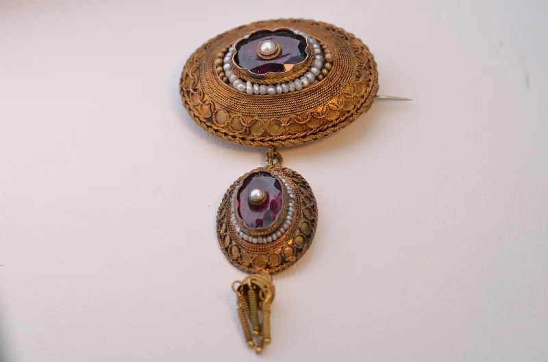 boho chic brooch for women -14K Yellow Gold Etruscan-Revival Brooch with Garnet and Sea Pearls