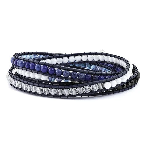 Ladies wispy feather bracelets -Blue Agate, Crystal, Sodalite & Leather Multi-Wrap Bracelet