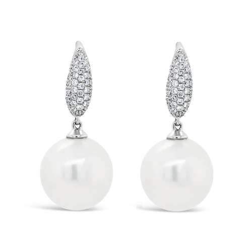 silver floral earrings for women -South Sea Pearl & Diamond Dangle Earrings