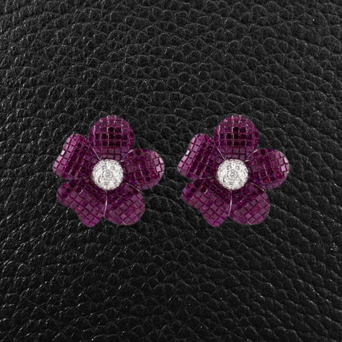 floral design earrings for women -Ruby & Diamond Flower Earrings