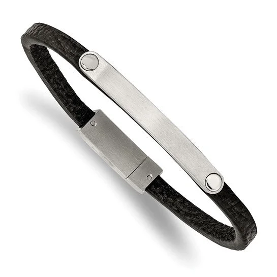 Ladies flame shine bracelets -Stainless Steel Brushed Black Leather 8.25 inch ID Bracelet