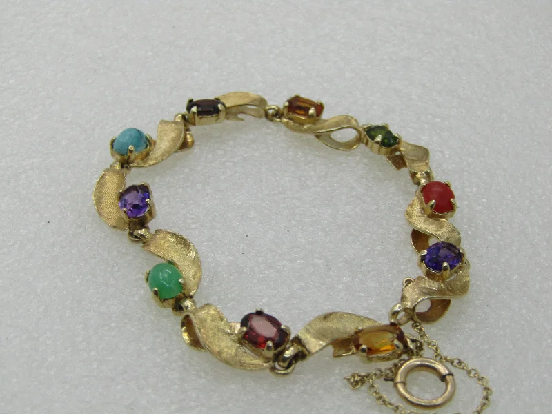 Ladies rosy pink bracelets -Vintage 14kt Mixed Gemstone Leaf Bracelet,  7", Safety Chain