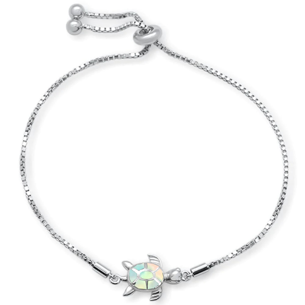 Ladies lustrous crystal bracelets -Sterling Silver White Opal Turtle Adjustable Bolo Bracelet