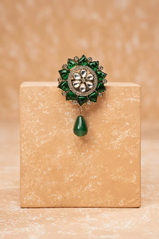 ladies gold brooch tree motifs -Dark Green Colored Crystal Brooch