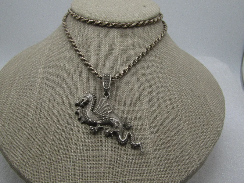 Ladies gothic bloom necklaces -Vintage Sterling Silver Dragon Necklace, 23.5" Rope Chain, Signed 1ofaKind, 1980's-1990's.