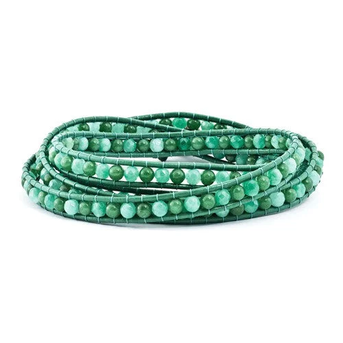 Ladies holiday sparkle bracelets -Green Aventurine, Green Prasiolite Quartz, Cultured Pearl Leather Wrap Bracelet