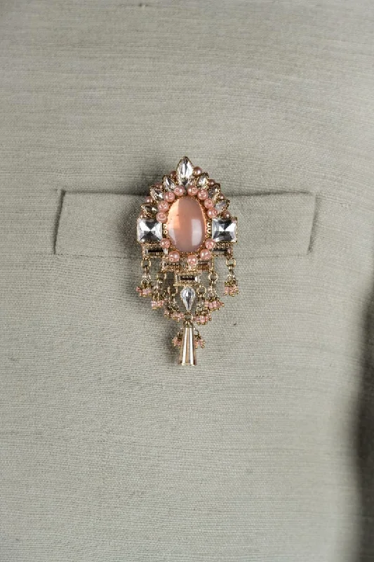 ladies brooch scalloped edges -Peach Crystal With Semi Precious Stone Brooch