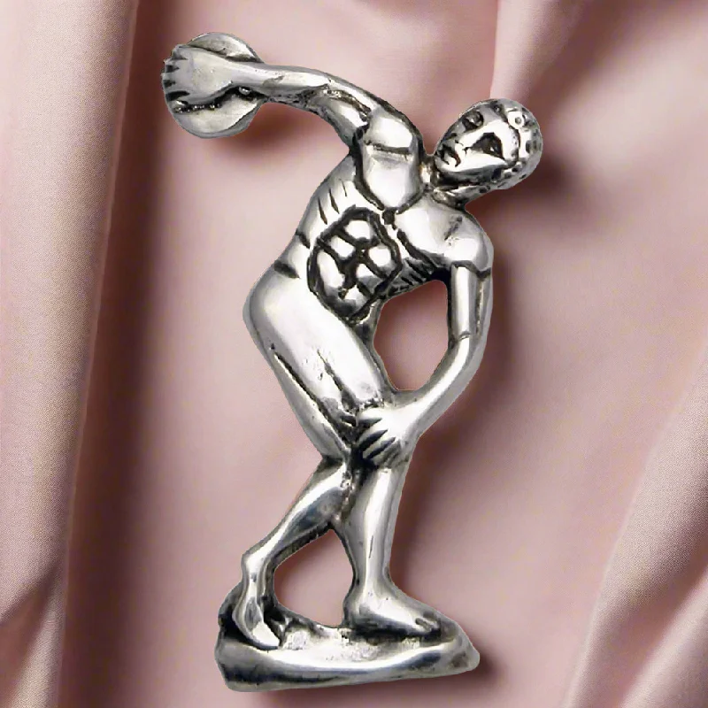 carved design brooch for women -Greek Olympic Disk Thrower Brooch in Sterling Silver (K-79)