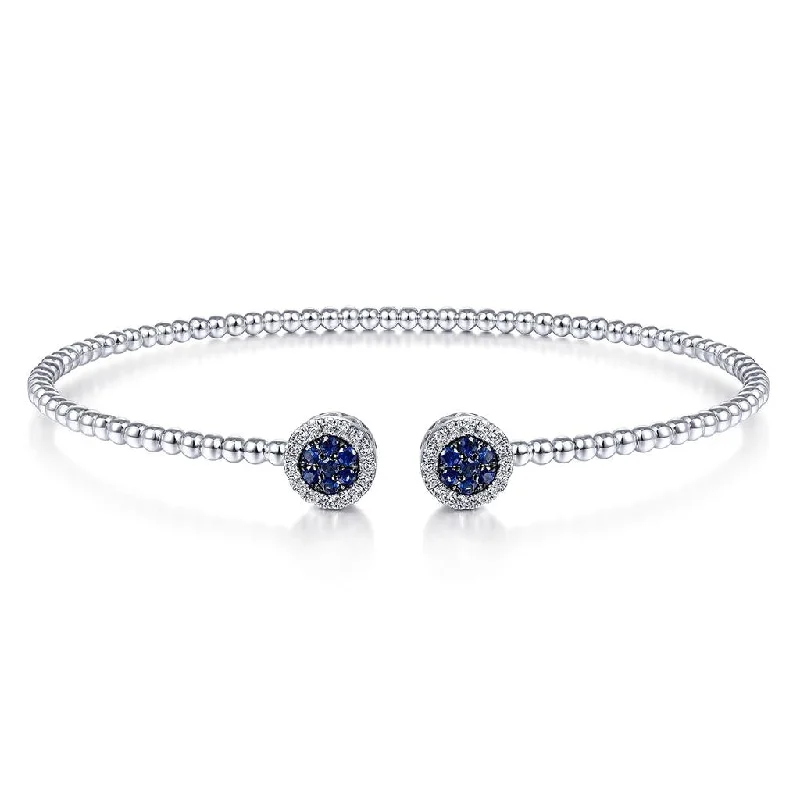 Ladies crafted resin bracelets -Gabriel & Co. 14K White Gold Bujukan Bead Cuff Bracelet with Sapphire and Diamond Halo Caps