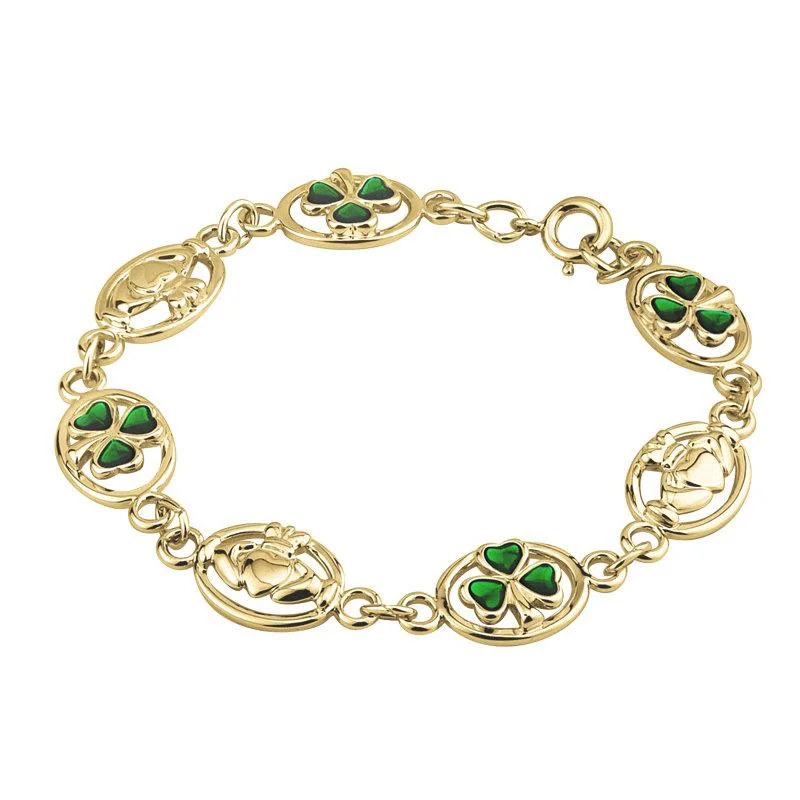 Ladies cycle gleam bracelets -Gold Plated Enamel Shamrock & Claddagh Bracelet