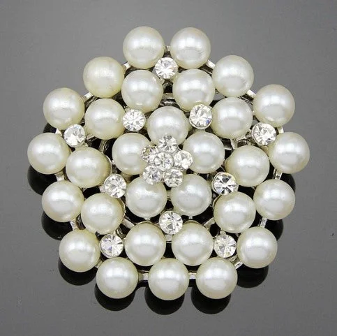 ladies sterling silver brooch with stones -Brooch Floral Pearls Rhinestone Crystal BR-035