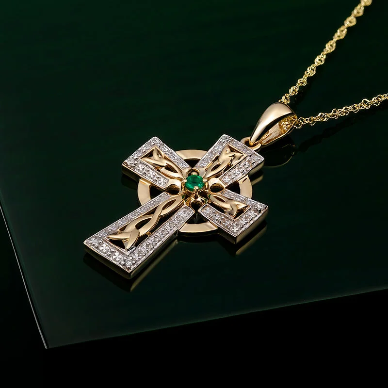 Ladies festive charm necklaces -14K Gold Diamond & Emerald Cross Necklace