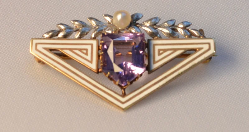 ladies yellow gold brooch daily -14K yellow gold brooch with white gold floral trim on top and Amethyst, with white enamel trims