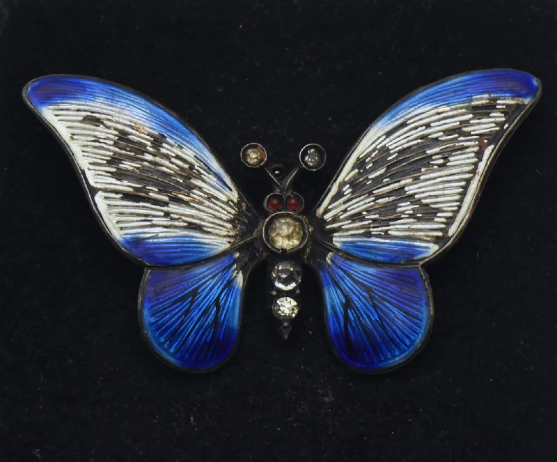 ladies silver brooch turquoise stones -Vintage 935 Silver Enamel and Rhinestones Butterfly Brooch - Damaged