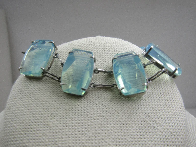 Ladies mixed hue bracelets -Vintage Aqua Reverse Carved Pagoda Glass Link Bracelet, 7.5"