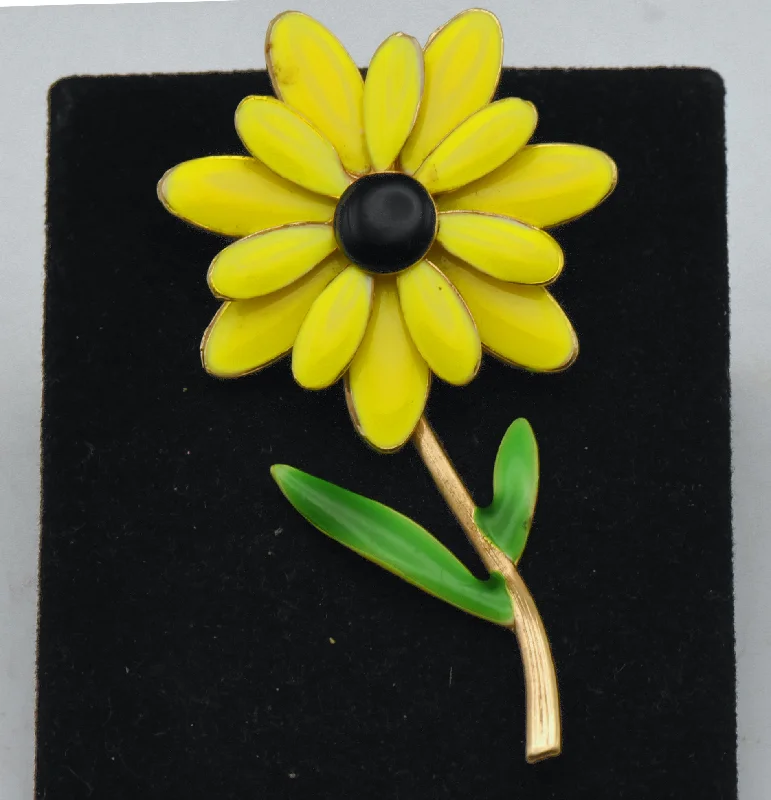 ladies leather brooch with details -Vintage Gold Tone Yellow Enamel Flower Brooch