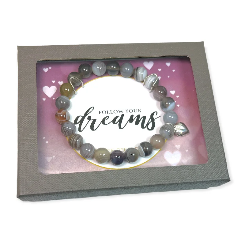 Ladies sandy shell bracelets -Botswana Agate with Sterling Silver Heart Charm "Follow Your Dreams" Bracelet Gift Box