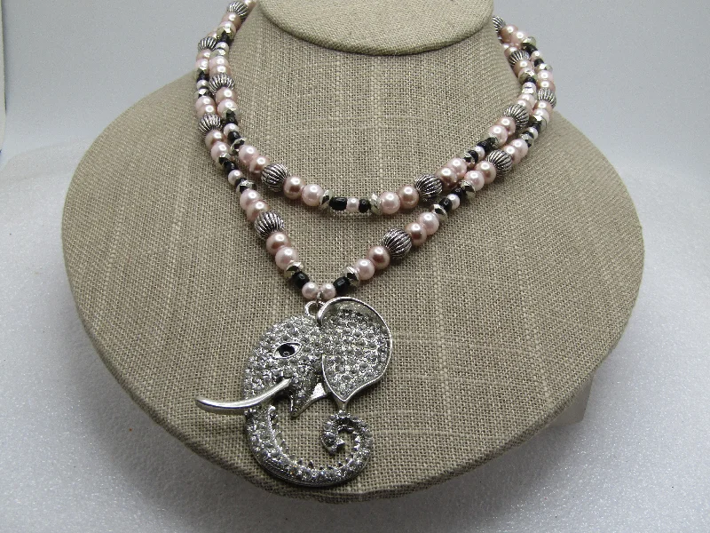 Ladies sky bird necklaces -Rhinestone Elephant Double Strand Pink Pearl Necklace, 1990's-2000's, 14.75