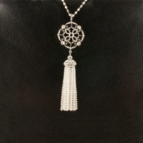 Ladies simple daily necklaces -Diamond Bead & Pearl Tassel Necklace