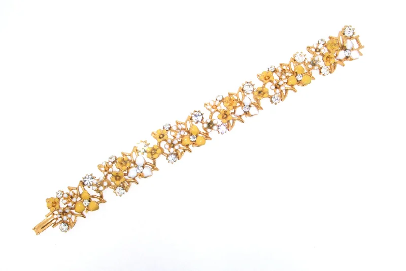 Ladies dull matte bracelets -Yellow Bracelet Floral White Enamel Gold Vintage Style