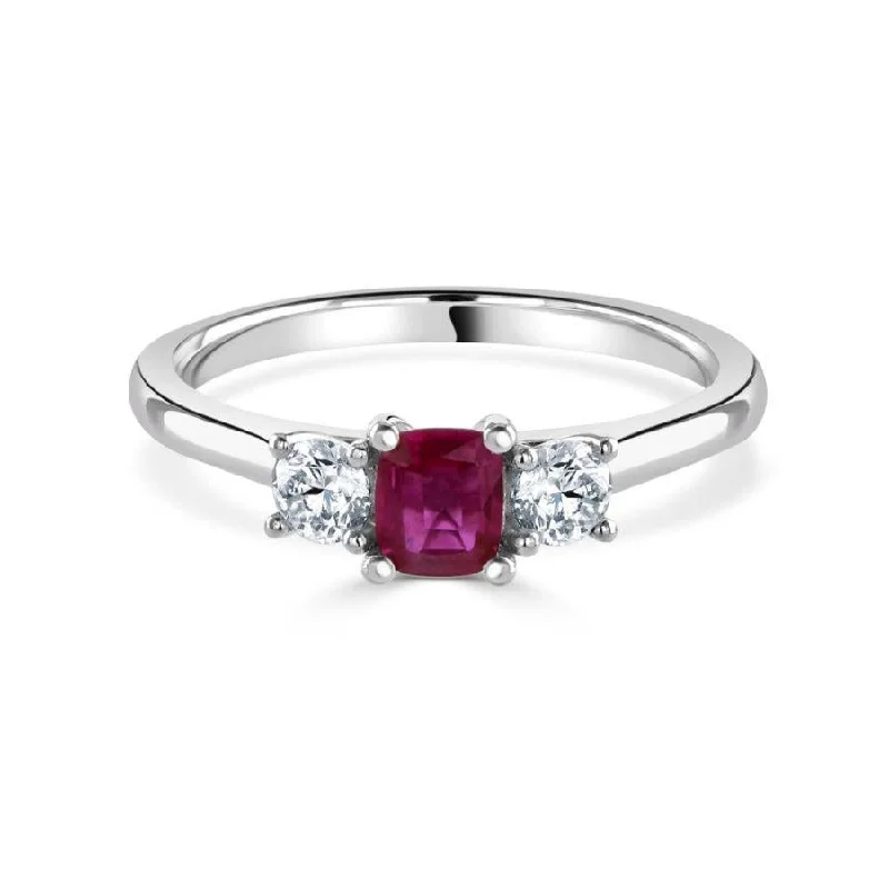 ladies gold rings fish motifs -Platinum Cushion Cut Pink Sapphire & Round Brilliant Cut Diamond Trilogy Ring